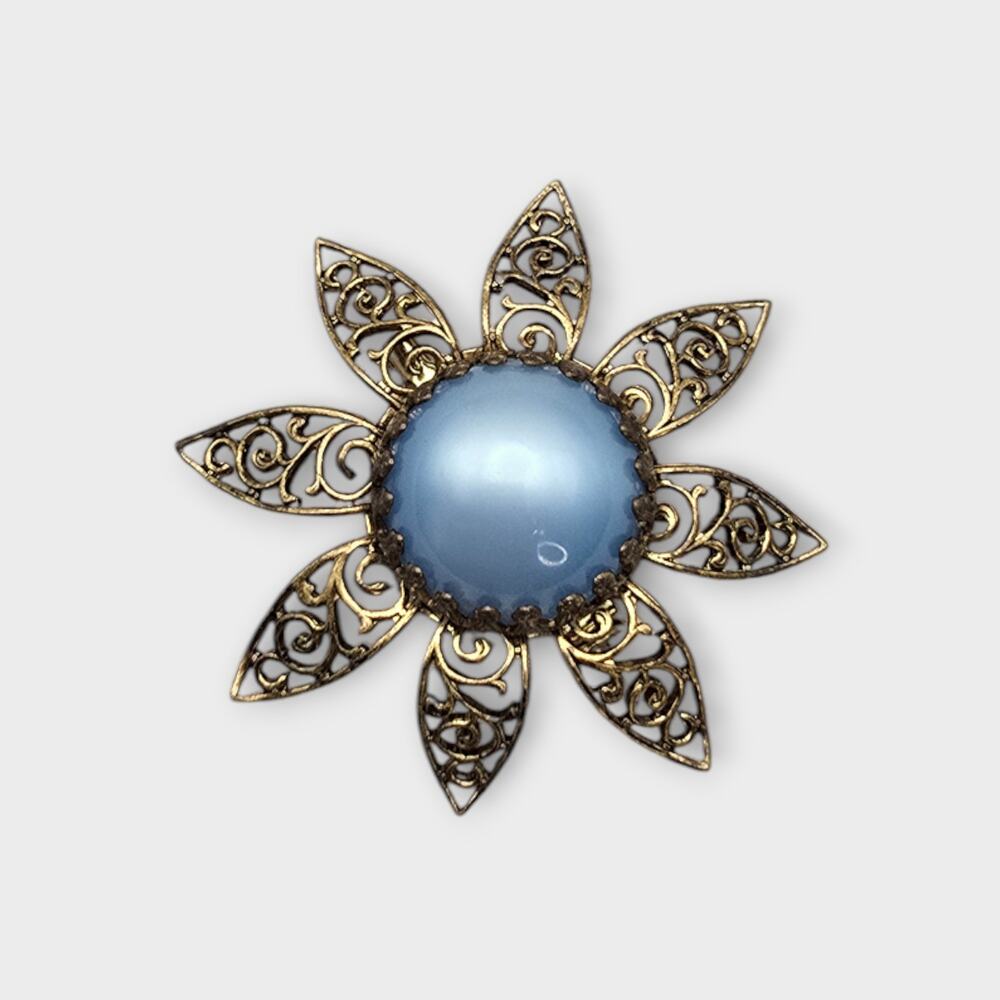 Blue Moonglow Cabochon Floral Brooch Gold Filigree - Mid Century Glam